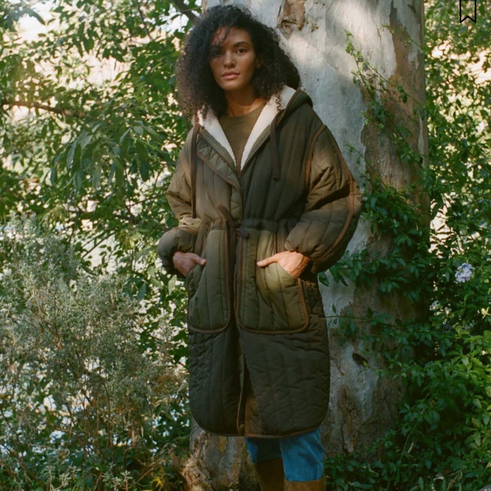 Doen Dell Olive Quilted Long Coat with Hood